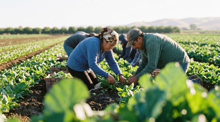 Agricultural workers harvest leafy vegetables in a field, illustrating temporary foreign worker labour in Canada