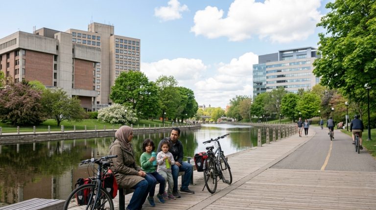 Family with bicycles sits beside an Ottawa canal path, illustrating Express Entry newcomers in Canada