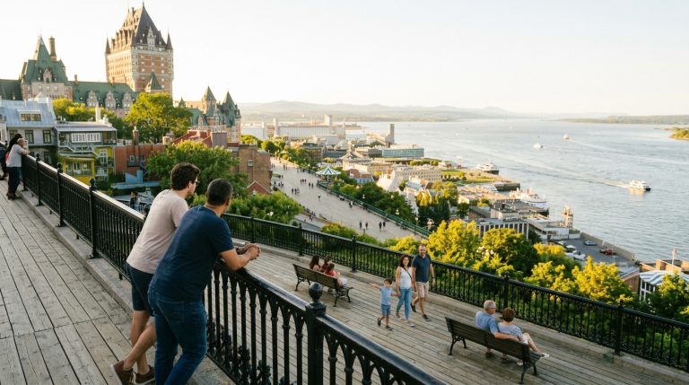 People overlook Quebec City and the St. Lawrence River from a promenade in one of Canada’s safest cities