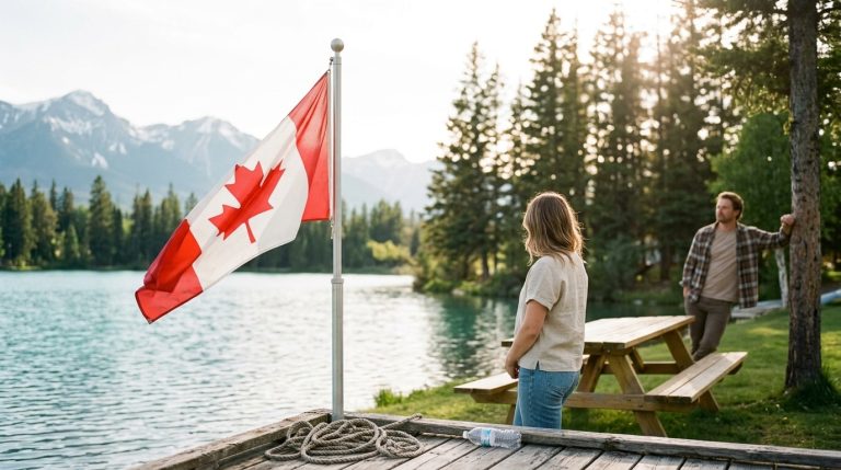 Canadian flag by a lakeside dock as two people stand near picnic tables, illustrating Express Entry news