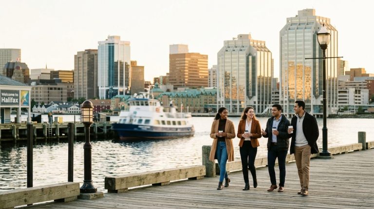 Four newcomers walk along Halifax waterfront as an LMIA news illustration with ferry and skyline behind