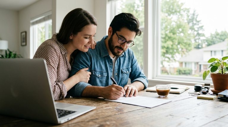 Couple reviews citizenship paperwork at home as one partner signs a Canadian immigration form
