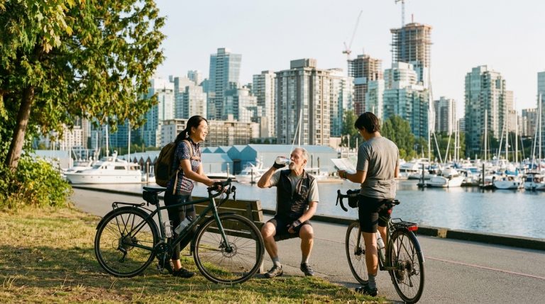 Cyclists pause by Vancouver waterfront with marina and skyline in BC, a city popular with permanent residents