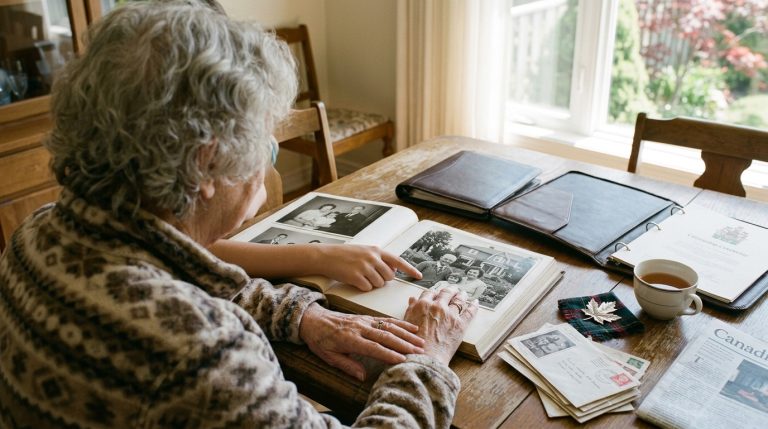 Older woman and child look through family photos beside Canadian citizenship papers on a dining table