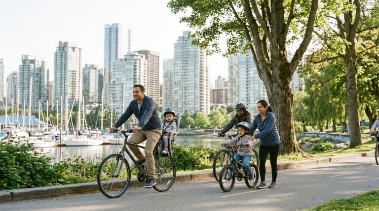 Families cycle along Vancouver’s seawall with downtown towers in view, a scene in BC popular with permanent residents