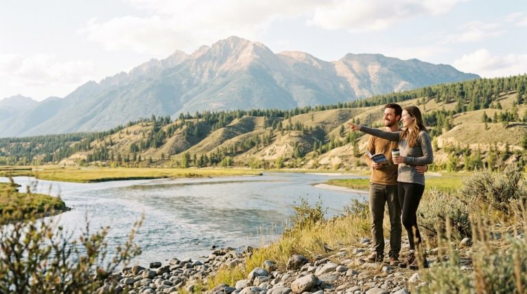 Couple stands by a river with mountains in the background in a BC PNP immigration illustration
