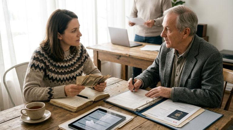 Woman shows old family photos while an adviser reviews Canadian citizenship documents at a table