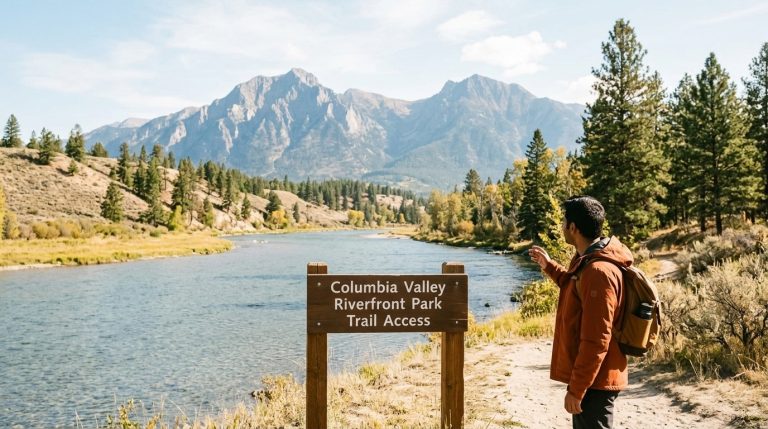 Man stands by Columbia Valley riverfront trail sign with mountain view in BC PNP news illustration