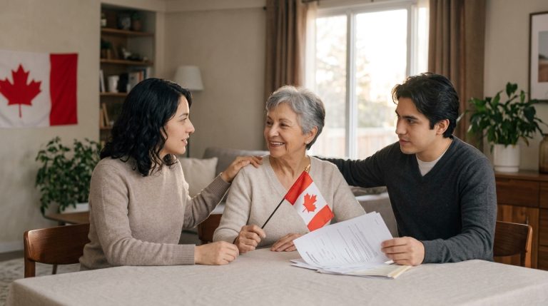 Family gathers at home with Canadian flag and citizenship papers on the table