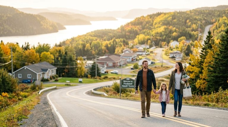 Family walks along a road in a Newfoundland small town with river views, illustrating a PNP community scene