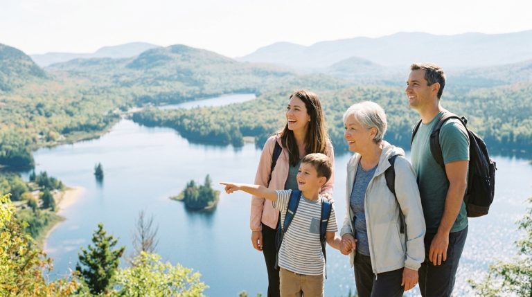 Family with backpacks overlooks a Quebec lake and mountains during a PSTQ immigration news illustration