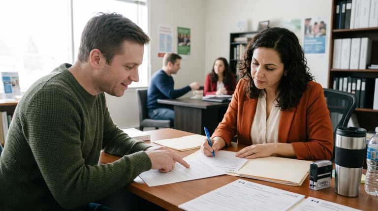 Applicant reviews Canadian citizenship documents with legal representative at an office desk