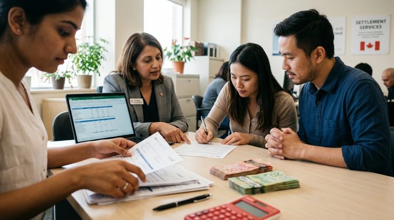 Clients review paperwork with a settlement worker at a Canadian immigration services office table with cash