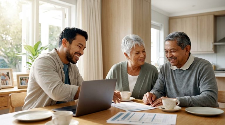 Family reviews family sponsorship documents with an adult child at a kitchen table in a Canadian home