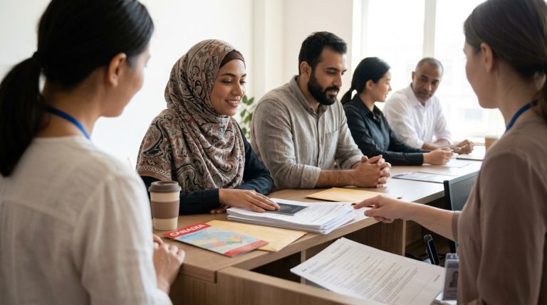Applicants submit documents at an IRCC-style counter for work permit processing in a waiting room