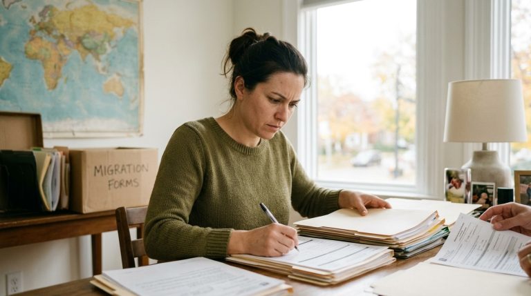 Applicant reviews paperwork and fills out Canadian citizenship forms at a table beside migration files