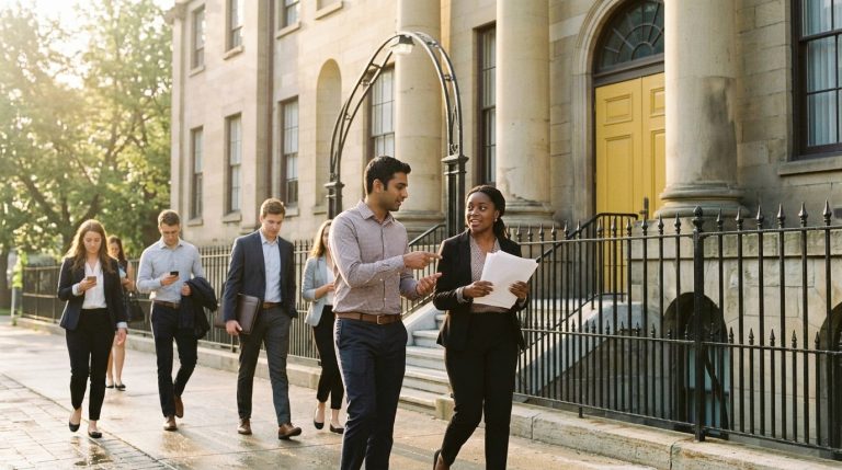 Workers with documents walk past a government building in a Nova Scotia PNP illustration