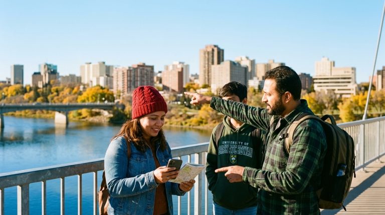 Students review directions on a bridge in Saskatchewan as SINP applicants arrive in the city centre