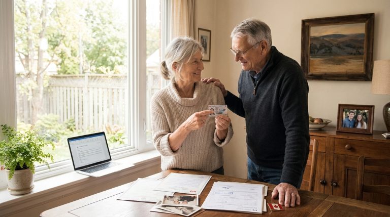 Older couple review citizenship papers at home, holding a Canadian ID card beside application forms