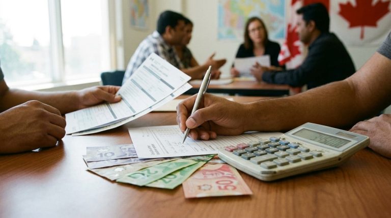 Applicants review work permit forms with Canadian cash and calculator during meeting at an immigration office
