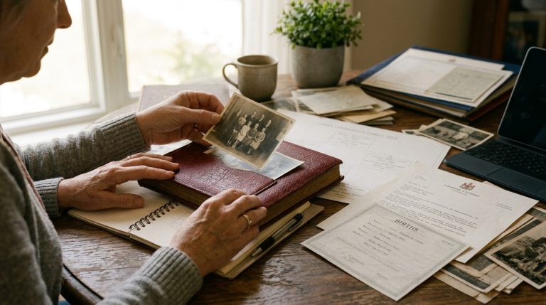 Person reviews family photos and birth records at a table with citizenship documents and a laptop