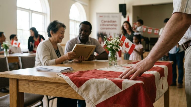 People gather at a Canadian citizenship ceremony with flags and documents on a table