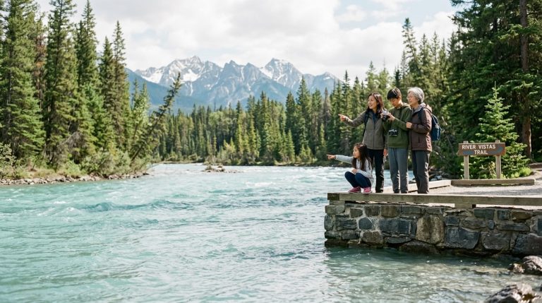 Family stands by a river viewpoint in the BC mountains beside a trail sign, illustrating BC PNP news
