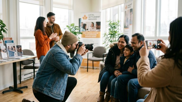 Photographer takes a family portrait at a settlement centre for a Canadian citizenship application