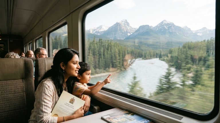 Woman and child with immigration papers ride a train past Alberta mountains during a PNP journey