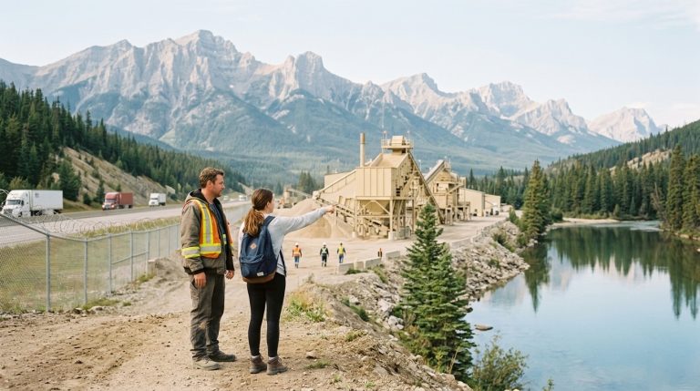 Two workers overlook an industrial site in the Rockies, illustrating Alberta PNP opportunities near a highway