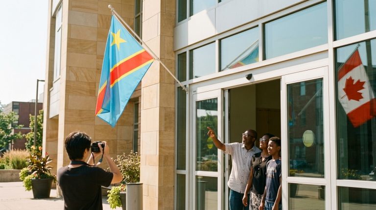 Family poses outside a building with DRC and Canadian flags, illustrating temporary resident travel restrictions