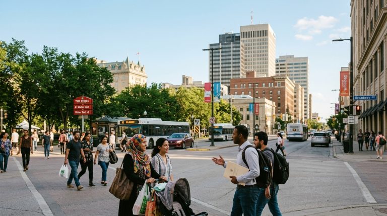 People cross a downtown Winnipeg street as newcomers carry documents amid Manitoba PNP news