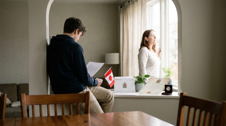 Young man reviews citizenship papers beside a Canadian flag as woman stands by a window at home
