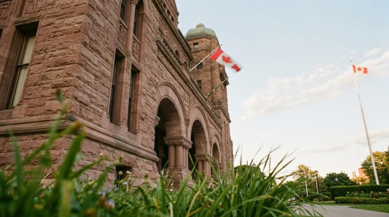 Ontario government building with Canadian flags and arched stone entrance, illustrating PNP news