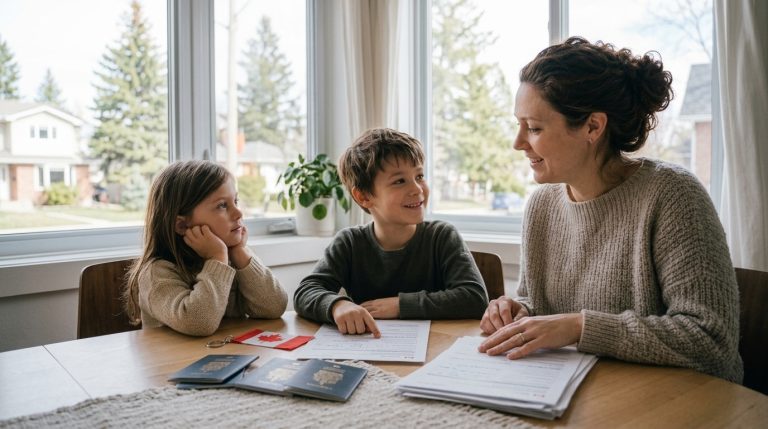 Parent and two children review Canadian citizenship documents at a table with passports and a small flag