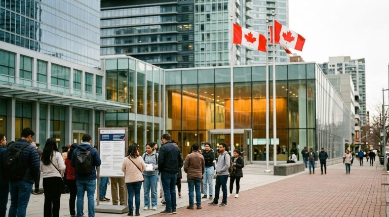 People gather outside a Canadian government office beneath flags during an Express Entry news scene