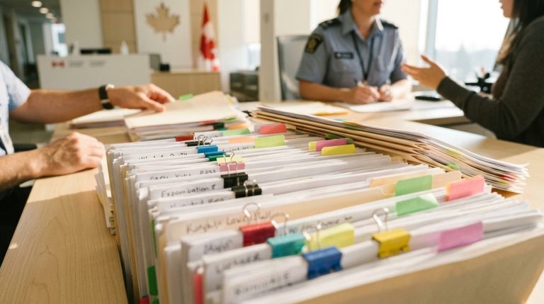 IRCC-style office desk with waitlisted permanent resident files as staff speak with an applicant