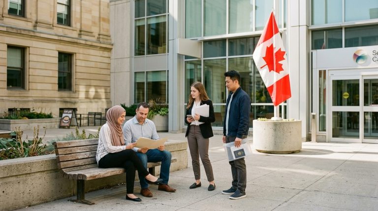 Applicants review documents outside a Canadian government building beside an IRCC flag display