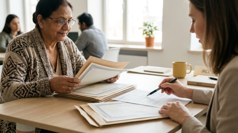 Woman reviews citizenship papers with an IRCC officer at a desk in a government office