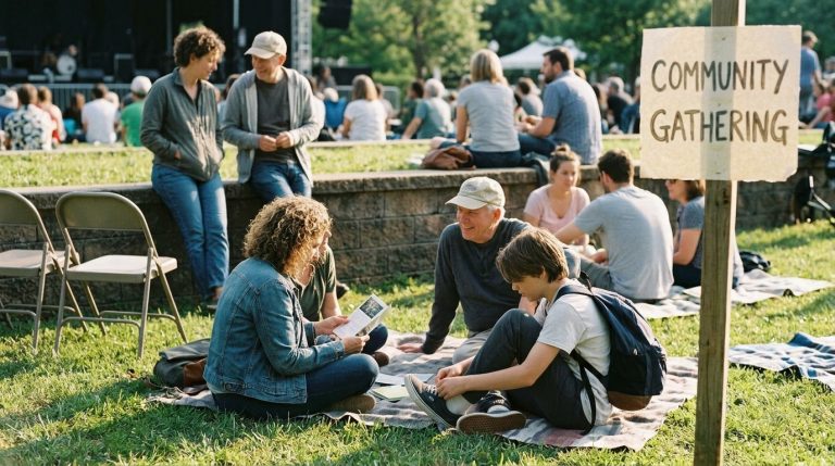 People sit on grass at a community gathering, with an Express Entry leaflet in the foreground