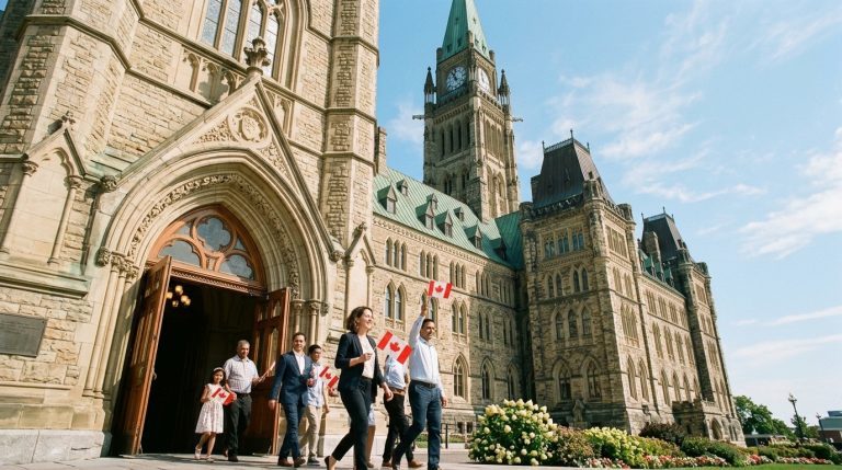 People carrying Canadian flags walk outside Parliament Hill as IRCC permanent resident admissions rise