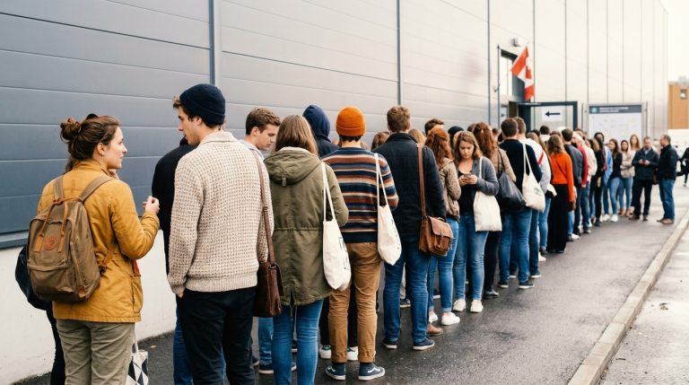 Temporary resident applicants line up outside a Canadian government building beneath a Canada flag