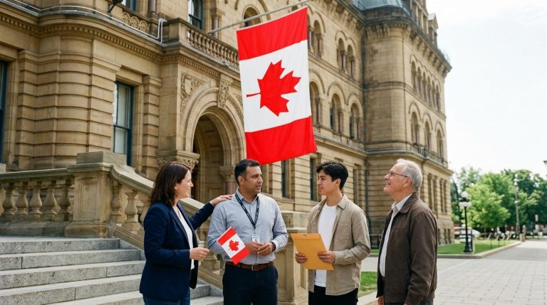 Applicants with documents stand outside a government building beneath a Canadian flag during Express Entry news
