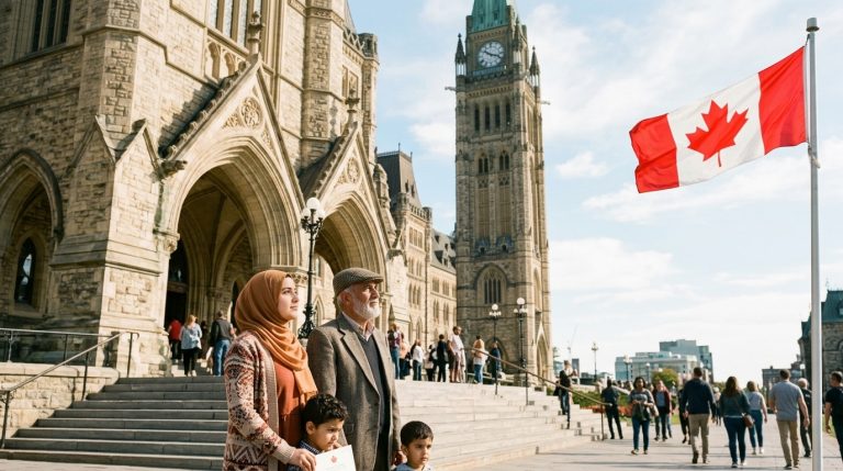 Family stands outside Parliament Hill with a Canadian flag, illustrating IRCC permanent resident news