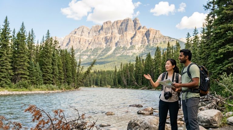 Two hikers with a map stand by a mountain lake in Canada, illustrating Express Entry newcomers
