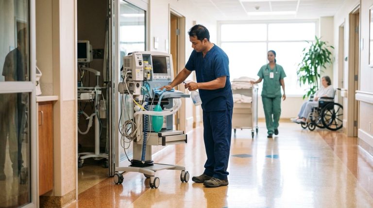 Health-care worker cleans hospital equipment in a corridor as staff and a patient move through a BC PNP setting
