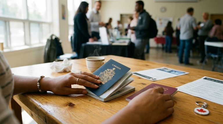 Person holds a Canadian passport at an IRCC-style information session with forms on a table