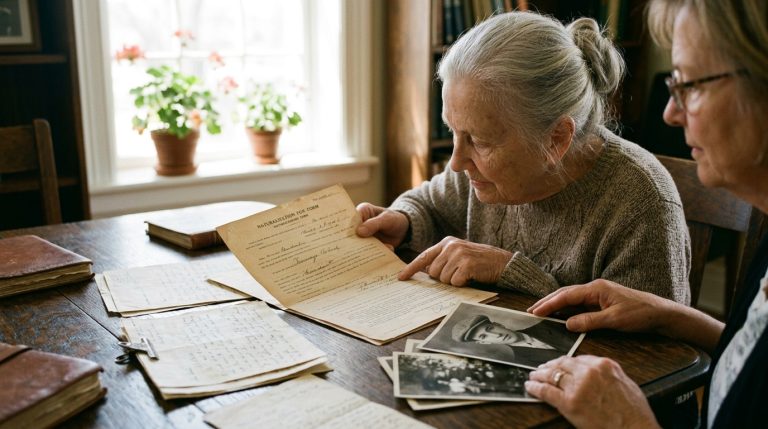 Two women review old family records and photos at a table in a Quebec citizenship claim scene