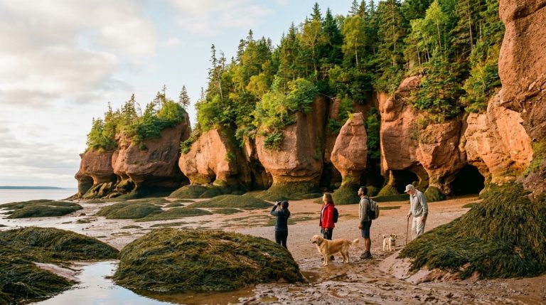Visitors walk along New Brunswick coastal cliffs at low tide, a scene linked to provincial PNP news