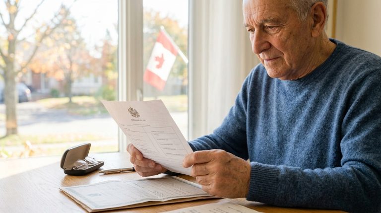 Older man reviews citizenship documents at a table beside a Canadian flag, amid tighter IRCC evidence rules